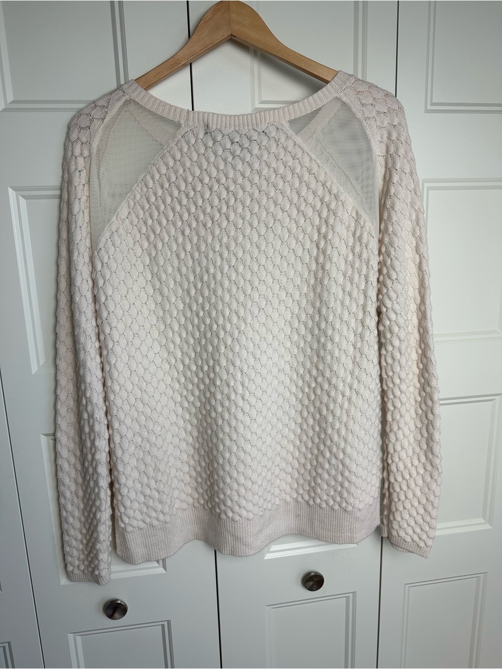 French Connection Cream Textured Knit Mesh Panel Sweater Women’s L Boho Light - Picture 3 of 6